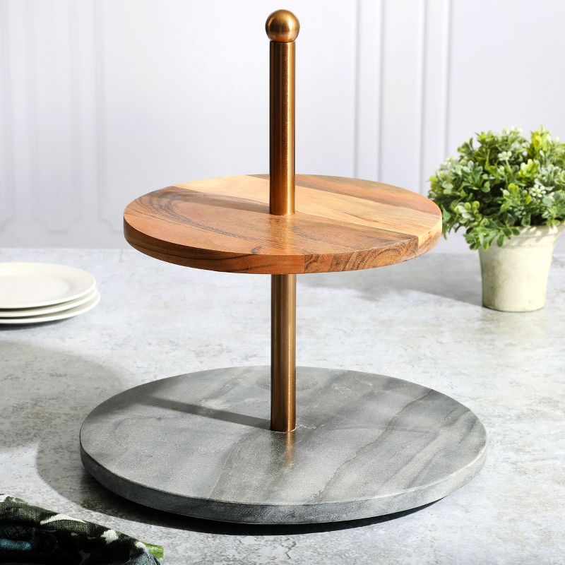 Gibson Laurie Gates California Designs Grey Marble and Acacia Wood 2 Tier Server, 3 of 6