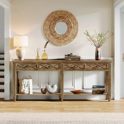 Hommoo 4-Drawer Farmhouse Console Table with Bottom Storage Brown