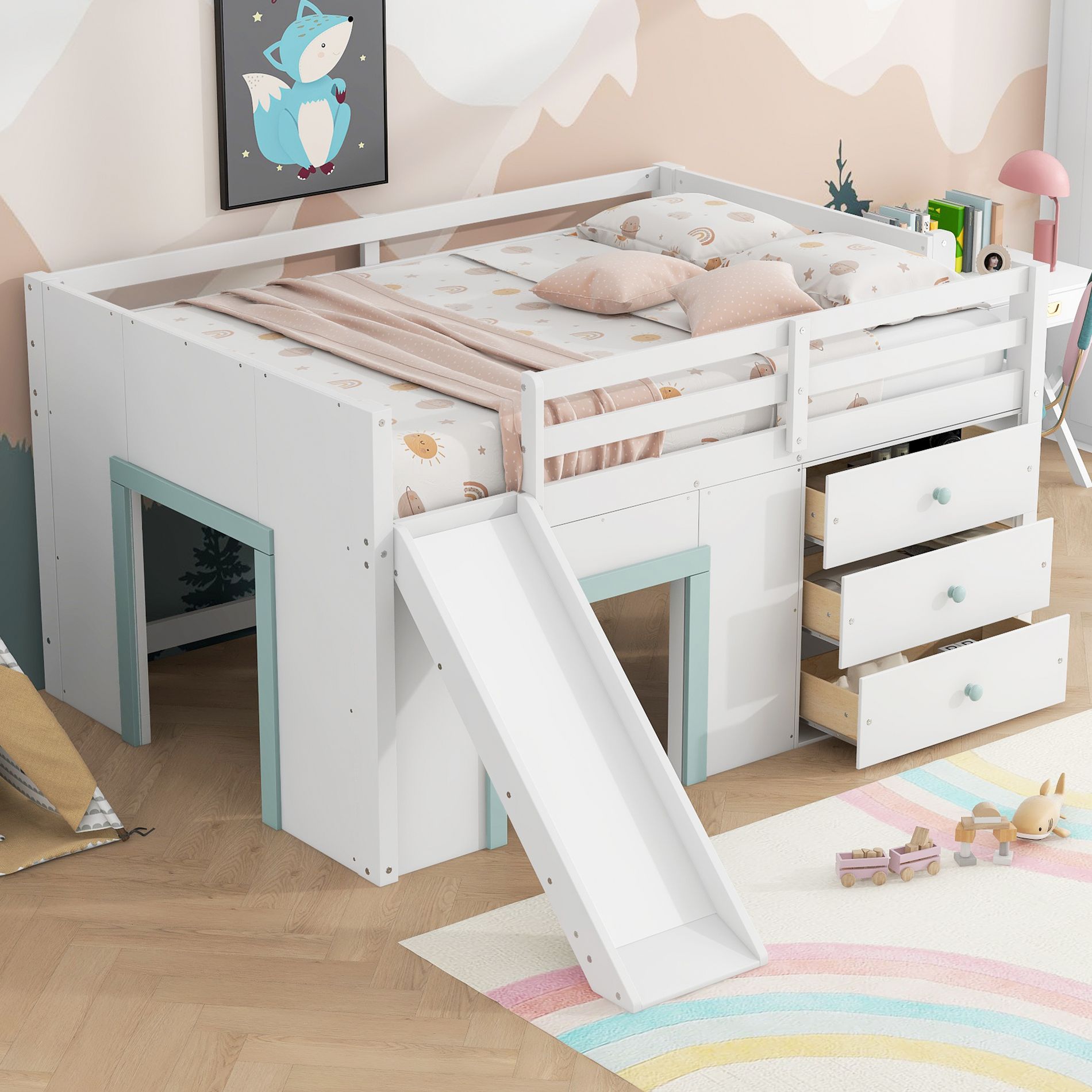 Full Size Low Loft Bed Frame with Slide, Storage Drawers and Doors, Pine & MDF, White - ModernLuxe