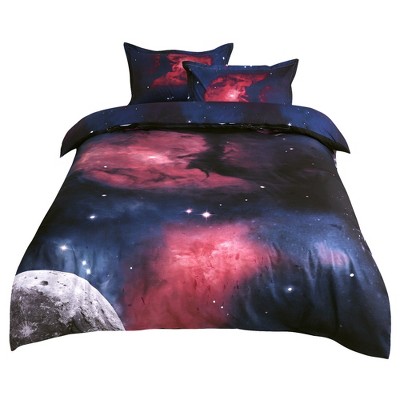 3 Pcs Polyester Galaxy Sky Cosmos Night Bedding Sets Queen Fuchsia - PiccoCasa