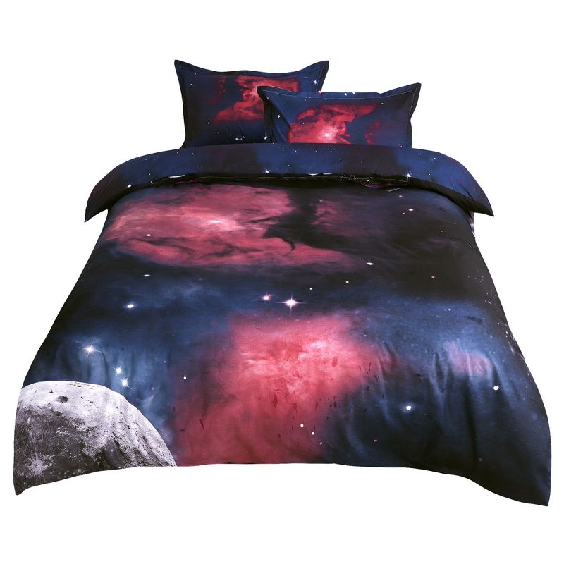 PiccoCasa 100% Polyester 3D Printed Galaxies Fuchsia Reversible Design Duvet Cover Sets with 2 Pillowcases Queen 3 Pcs, 1 of 7