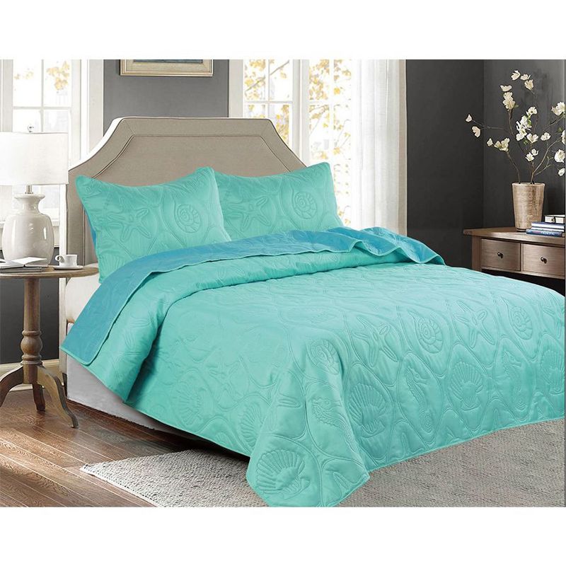 Legacy Decor 3 PCS Shell & Seahorse Stitched Pinsonic Reversible Lightweight Bedspread Quilt Coverlet, 1 of 7
