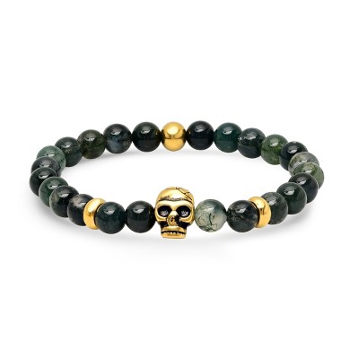 Steeltime Men's diluted green agate beaded bracelet with 18k gold plated stainless steel skull accents