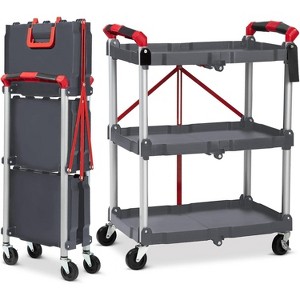 Foldable Utility Service Cart, 3-Shelf Heavy Duty Plastic Rolling Cart with Swivel Wheels and Ergonomic Handle for Garage, Warehouse, Home - 1 of 4