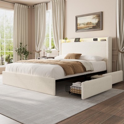 Full Size Boucle Bed Frame with Storage Headboard, Charging Station and LED Lights
