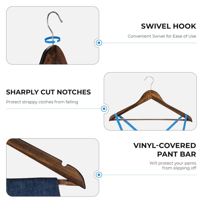 OSTO Wooden Suit Hangers; Ultra-Durable Smooth Finish Wood Coat Hanger with Non Slip, Grooved Pant Bar & Swivel Hook, 3 of 7
