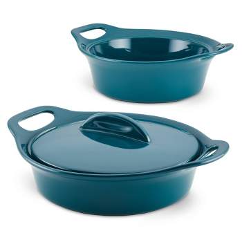 Rachael Ray Solid Glaze Ceramic 3pc Set: 1.5qt & 2qt Round Casseroles with Shared Lid Teal