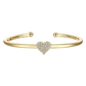 14K Gold-Plated Open Cuff Bangle Bracelet with Cubic Zirconia Heart Pave Detail, featuring a chic design with sparkling elegance for a refined look. - 1 of 3