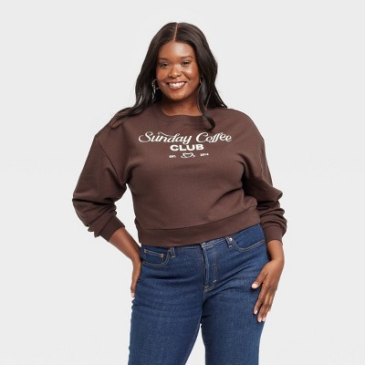 Women's Sunday Coffee Club Cropped Fleece Graphic Sweatshirt - Brown