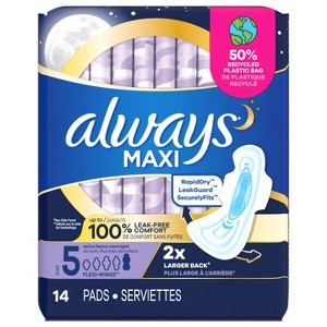 Always Maxi Overnight Pads with Wings for Women, Size 5, Extra Heavy Overnight Absorbency, Unscented, 14 Count - 1 of 4