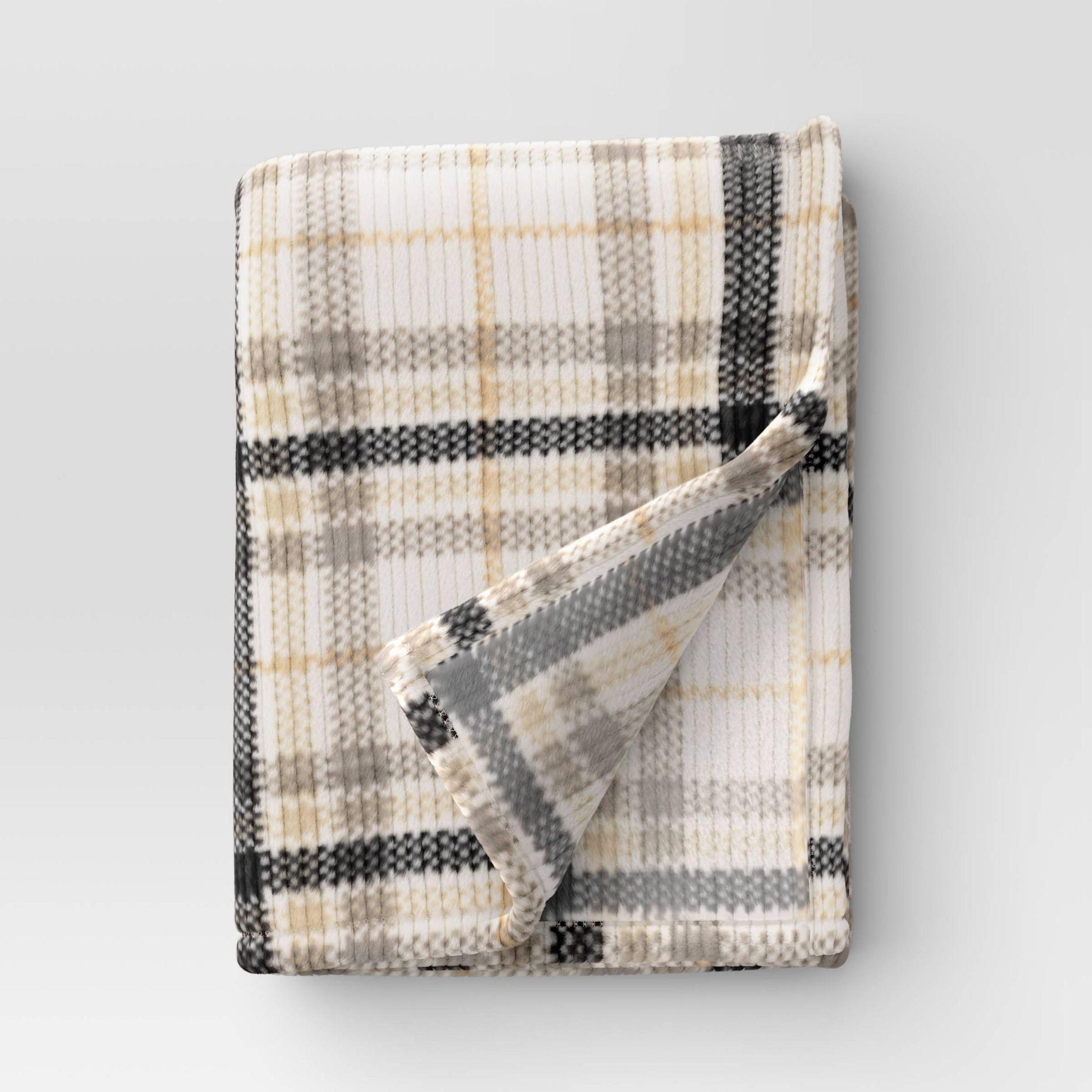 Printed Plaid Ribbed Plush Throw Blanket Ivory/Gray/Neutral - Room Essentials™
