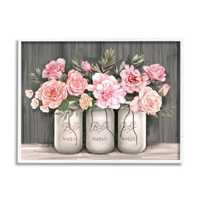 Stupell Industries Blossoming Pink Rose Bouquets Rustic Country Jars