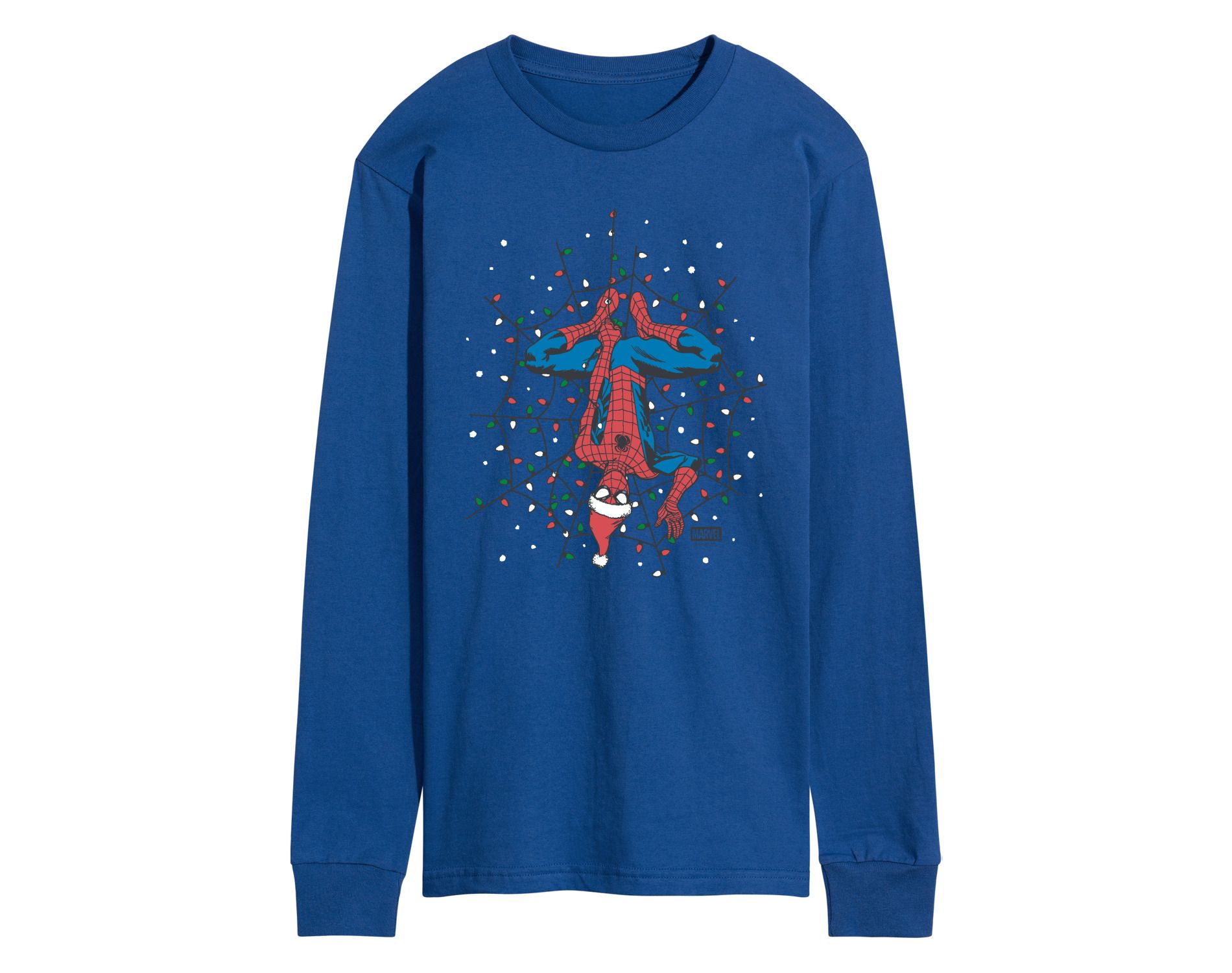 Men's Marvel Holiday Lights Spider Man Long Sleeve Graphic T-Shirt - Royal Blue - X-Large