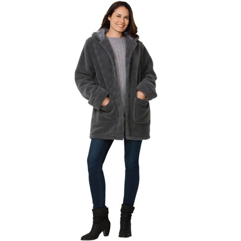 Woman Within Women s Plus Size Hooded Berber Fleece Jacket 1x Heather Charcoal Target