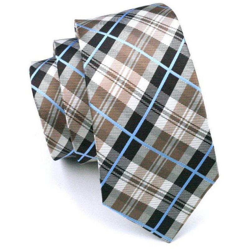 Men's Brown, Black And White Plaid 100% Silk Neck Tie With Matching Hanky And Cufflinks Set, 4 of 5