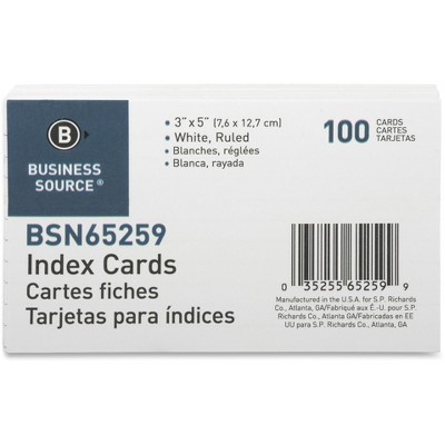 Business Source Index Cards Ruled 72 lb. 3"x5" 100/PK White 65259