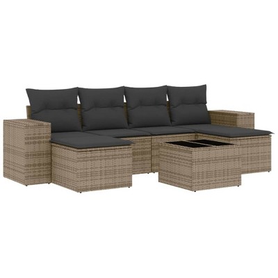 vidaXL 7 Piece Patio Sofa Set with Cushions Gray Poly Rattan - With Table
