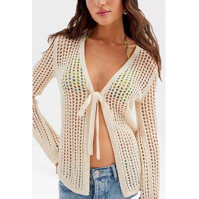 Womens Long Sleeve Crochet Cardigan Front Tie V Neck Knit Beach Cover Ups Tops Open Front Cardigan Summer Everyday Outfits