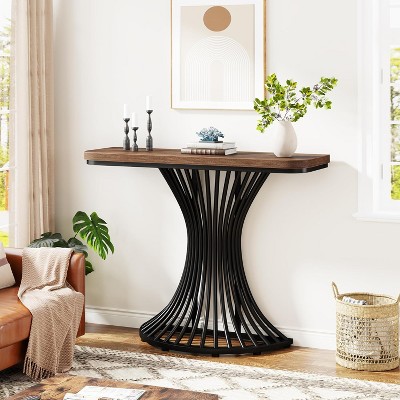 Rustic Brown Wood and Black Metal Demilune Console Table with Storage