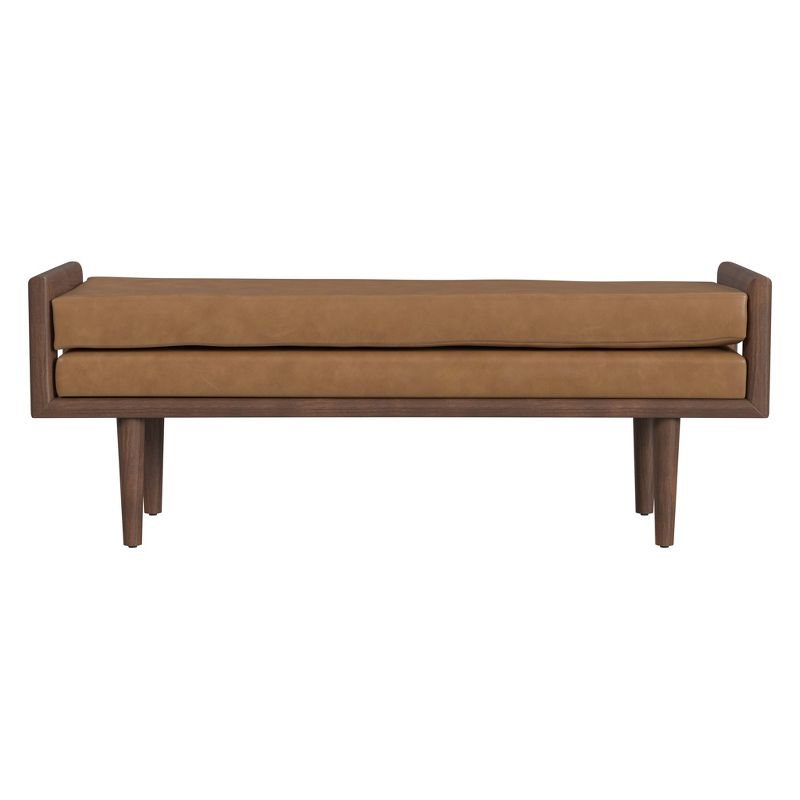 Wood Bench with Upholstered Seat Faux Leather Caramel - HomePop, 1 of 11