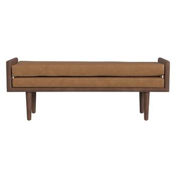 Wood Bench with Upholstered Seat Faux Leather Caramel - HomePop