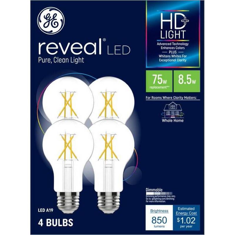 GE 8.5W 4pk Reveal A19 LED Medium Base Light Bulbs, 1 of 5