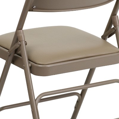 Beige Vinyl Metal Folding Chair with Padded Seat and Triple Braced Frame