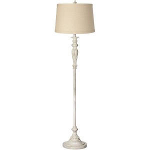 360 Lighting Vintage Shabby Chic Floor Lamp 60" Tall Antique White Washed Burlap Drum Shade for Living Room Reading Bedroom Office - 1 of 4