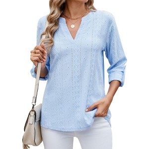 Clearlove Womens 3/4 Sleeve V Neck Casual Hollow Out Front Knit Embroidered Blouses Shirts Beach Cover Up Tshirts - 1 of 4