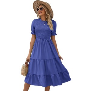 Women's Puff Short Sleeve Smocked Midi Dress Casual Summer Floral Print Elastic Waist Tiered A Line Maxi Dress - 1 of 4