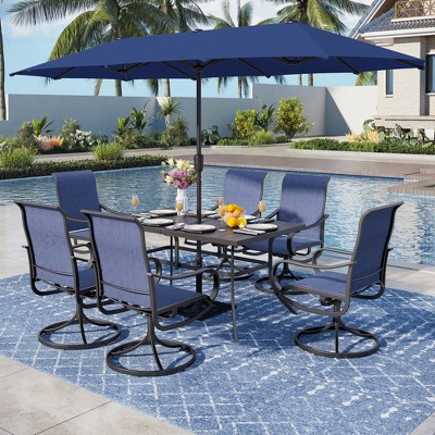 Captiva Designs 8pc Patio Dining Set with Rectangular steel table & Sling Swivel Chairs & Beige Umbrella