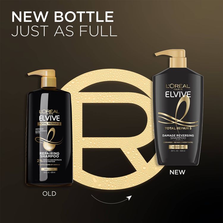 Two black colored shampoo bottles labeled "L'Oreal Paris Elvive Total Repair 5," with "Old" and "New" versions shown, featuring gold colored pumps and text.