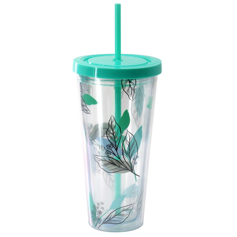Gibson Home Tropical Sway Vineyard 6 Piece 24 Ounce Double Wall Plastic Tumbler Set with Lid & Straw in Teal, 4 of 6