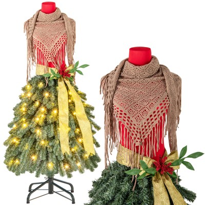 Tangkula 5FT Pre-Lit Dress Form Christmas Tree Mannequin Artificial Xmas Tree with 248 Branch Tips 100 LED Lights Red Berries Removable Scarf