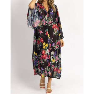 Women's MULTIFLORAL TIE NECK COVERUP MAXI - OLIVACEOUS - 1 of 4