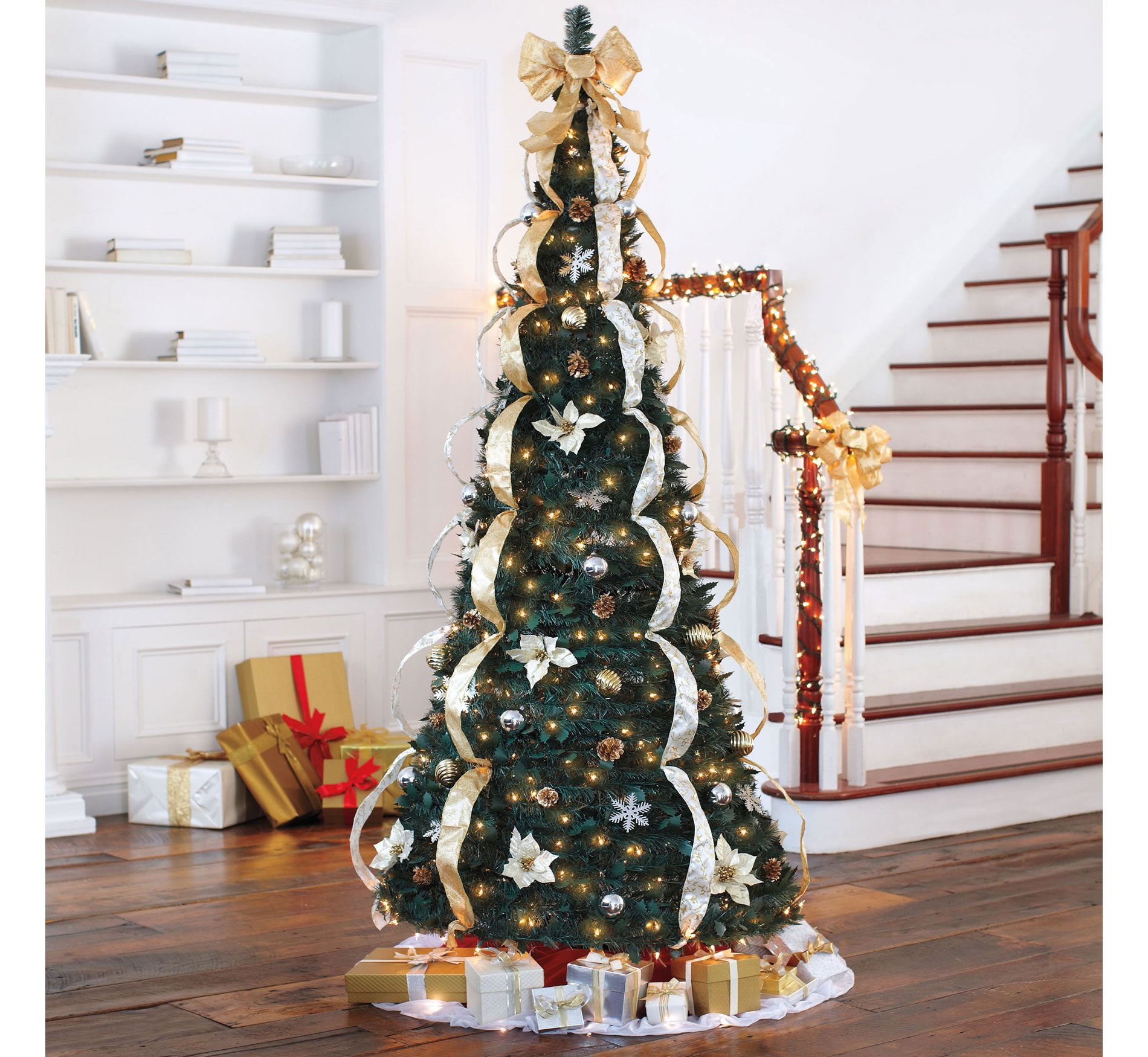 BrylaneHome Fully Decorated Pre-Lit 71/2 Ft. Pop-Up Christmas Tree - Silver Gold