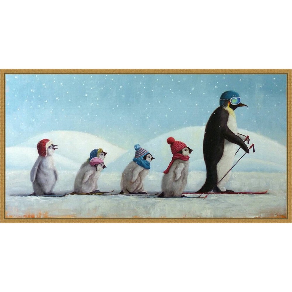 26" x 14" Ski School Penguins by Lucia Heffernan Framed Canvas Wall Art - Amanti Art