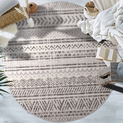 Gray Geometric Distressed Round Synthetic Area Rug 6'6"