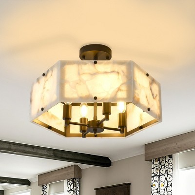 PAKOKULA 17.71 in. 4-Light Black Semi-Flush Mount Ceiling Light with White Marble Shades
