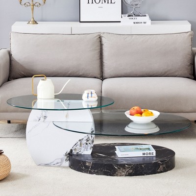 CAVINAS Modern Wood Grain Nesting Oval Coffee Table with Reinforced Glass Top,2-Layer Tea table Center Table for Living Room,Bedroom