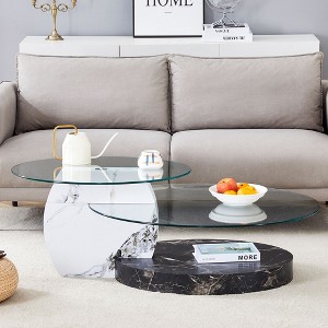 CAVINAS Modern Wood Grain Nesting Oval Coffee Table with Reinforced Glass Top,2-Layer Tea table Center Table for Living Room,Bedroom - 1 of 4
