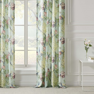 Pavona Blue Floral Light-Filtering Polyester Curtain Panels