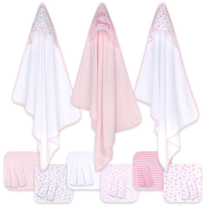 The Peanutshell Baby Hooded Towels and Washcloths Bath Set, 23-Piece, Daisy Clean Girls, Pink/White, 1 of 8
