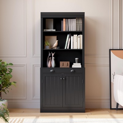 70" Tall Freestanding Bookshelf, 5 Tier Wooden Bookcase with Open Shelves & Cabinet, Modern Display Storage Cabinet, Pantry Sideboard