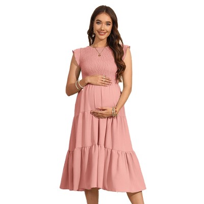 Summer Maternity Dress Ruffle Tiered Dress Smocked Shirred Midi Dress with Mini Cap Sleeve Round Neck Flowy Dress for Baby Shower Photography
