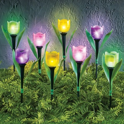 Multicolor Solar-Powered Tulip Garden Stakes Set of 8
