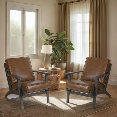 Royal Hampton Amber Accent Chair, Handcrafted Slatted Mango Wood, Buffalo Leather Cushions, Angled Legs -