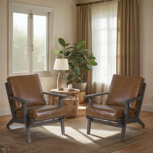 Royal Hampton Amber Accent Chair, Handcrafted Slatted Mango Wood, Buffalo Leather Cushions, Angled Legs - - 1 of 4
