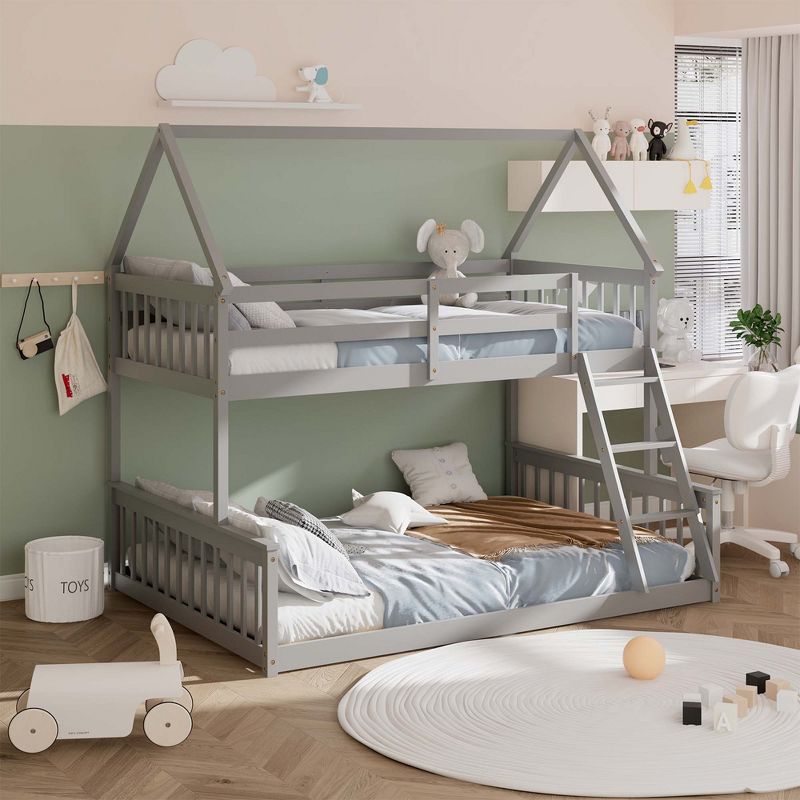 Costway Twin Over Full House Bunk Bed with Ladder & Guardrails Convertible to 2 Beds, 1 of 11