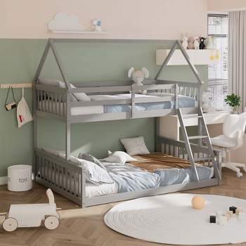 Costway Twin Over Full House Bunk Bed with Ladder & Guardrails Convertible to 2 Beds